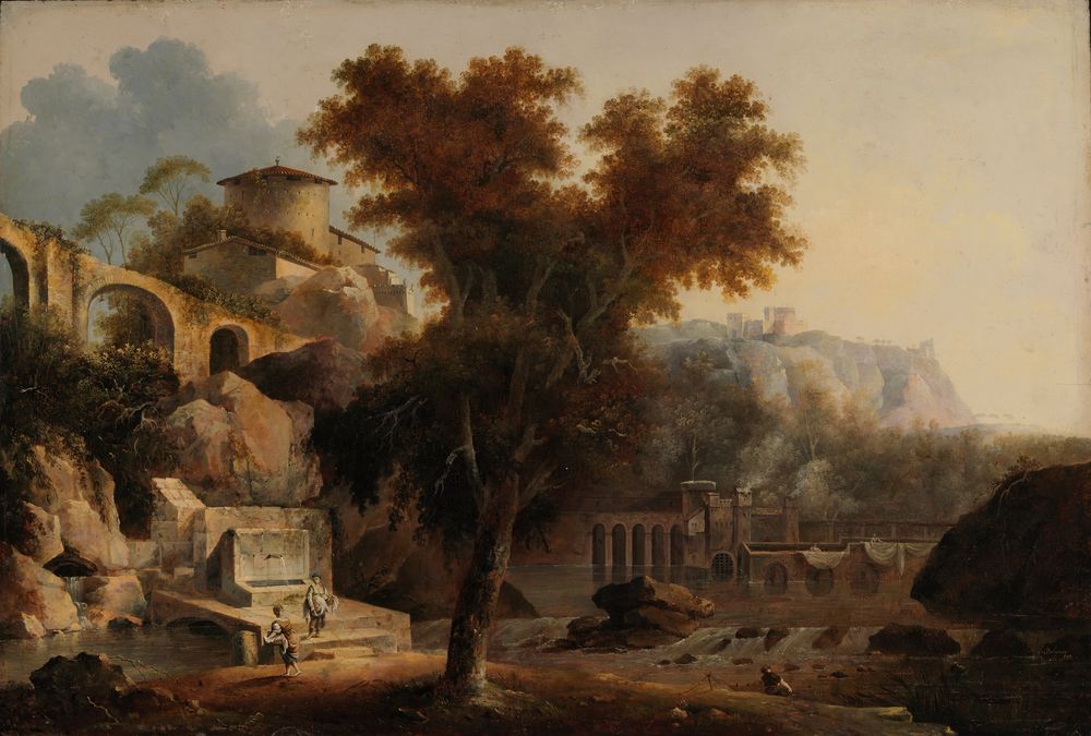 the image is a classic landscape painting depicting a scene with architectural ruins, a river, and figures. in the foreground, a large tree dominates the view, with its branches extending over the river. to the left, there are ruins of an arched bridge and a building with a tower situated on rocky terrain. a fountain structure with steps is present, and figures are depicted walking on the steps. the river flows towards the right side of the image, where there are more ruins of arched buildings and a watermilllike structure. in the background, a castle or fortress is visible on a hill, set against a cloudy sky. the overall color palette is warm, with earth tones and hints of blues and greens.