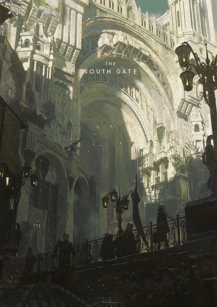 the image is a digital painting depicting a grand, imposing city gate, referred to as "the south gate."  the architecture is a blend of gothic and possibly medieval styles, showing signs of age and decay with crumbling stonework and overgrown areas. the gate is a massive archway leading into a dense, shadowy city. figures, silhouetted against the light from lampposts, can be seen on a bridge overlooking the gate. the overall atmosphere is dark, moody, and atmospheric, creating a sense of mystery and grandeur. the style evokes a dark fantasy setting, possibly inspired by games like elden ring with its attention to detail and atmospheric rendering. the color palette is muted and desaturated, emphasizing the gloomy and atmospheric tone.
