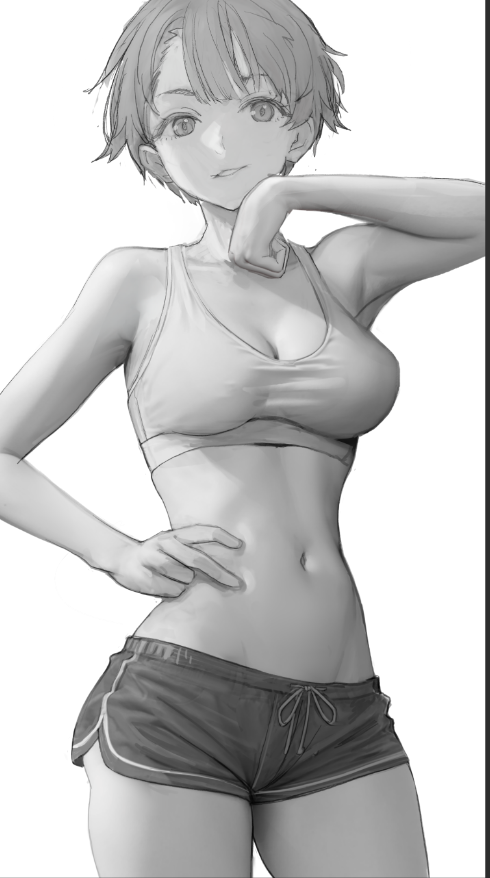 a grayscale drawing of an animestyle woman with short hair, wearing a sports bra and shorts. she is posing confidently, with one hand on her hip and the other arm resting behind her head. her body is slender and toned, showcasing her abs and a generally athletic physique. the art style is smooth and detailed, creating a visually appealing image that emphasizes the subject's attractiveness and fitness. the grayscale palette enhances the drawing's artistic quality and mood.