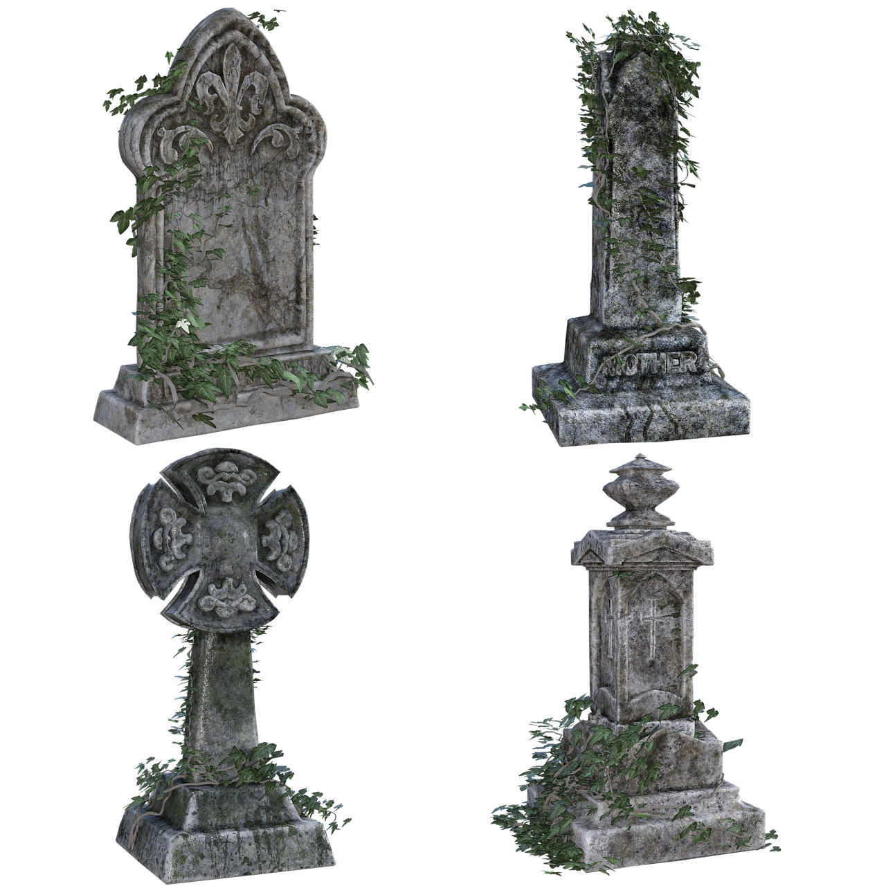 the image shows four gravestones in a graveyard. the gravestones are made of stone and are weathered and overgrown with ivy. they are various shapes and sizes, with some having crosses, fleurdelis designs, and inscriptions. the background is black.