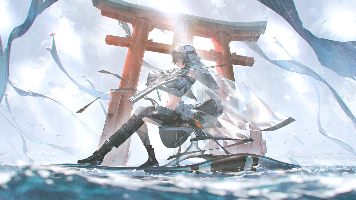 the image shows an anime girl with short gray hair sitting on a futuristic hovercraft. she's wearing a white cape and futuristic clothing, and holding a futuristic violinlike weapon. the background features a torii gate and flowing fabrics, all set against a watery scene. the overall style is fantasy and futuristic, combining traditional japanese elements with advanced technology. the art style is digital painting with a focus on soft colors and atmospheric effects.