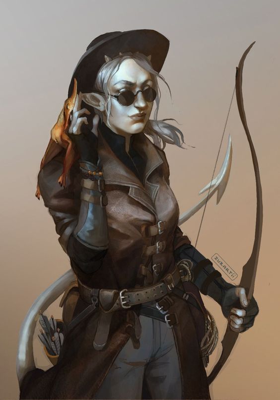 the image features a headandtorso portrait of a paleskinned elf with white hair and dark sunglasses. they are dressed in brown leather ranger attire, complete with a widebrimmed hat, a quiver of arrows, and a bow slung across their back. the elf exudes an air of coolness and confidence, further emphasized by their pose—they hold a small lizardlike creature in one hand as if displaying a hunting trophy. the background is a plain tan, focusing attention on the character.