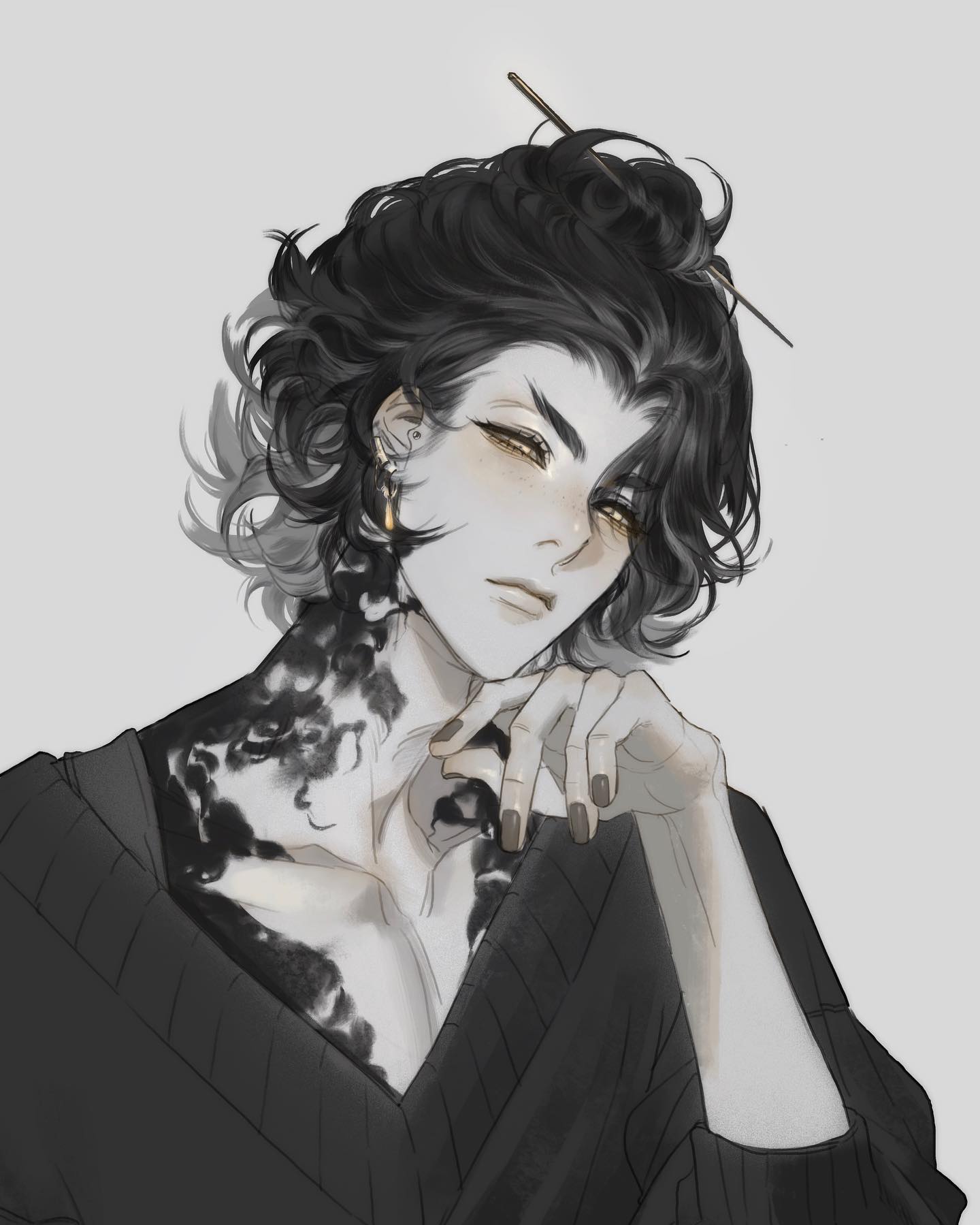this is a digital illustration of a young anime boy with long black, silver, and gray hair. he has black eyes and a gold earring on his left ear. he has a tattoo of black clouds on his neck and chest, is wearing a black sweater, and has dark, redtoned nail polish on. he is looking off to the side, and his hand is resting under his chin. the background is a simple, white. the art style is very realistic and detailed.