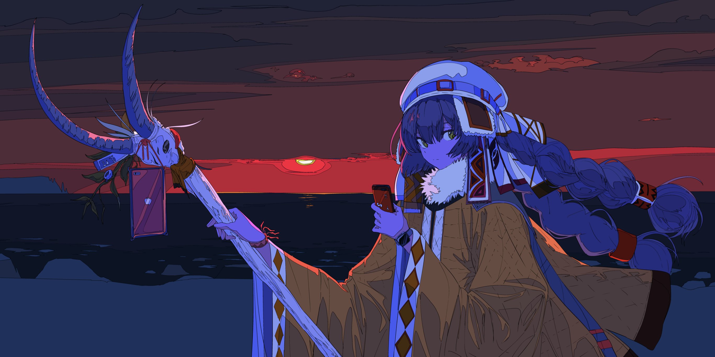 he image is a digital illustration of an anime girl standing on a beach at sunset. she has long, braided purple hair and is wearing a traditionallooking outfit with a long brown robe, fur trim, and a unique hat. she holds a staff with animal horns and a skull at the top and is looking at a phone in her other hand. the sunset is a vibrant red and orange, contrasting with the darker blues and purples of the night sky and the girl's hair. the overall style is stylized and slightly surreal, with a focus on strong lines and colors. the scene is peaceful but also has a mystical quality.