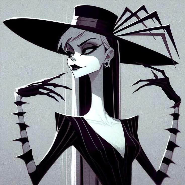 the image is a stylized black and white illustration of lilith from hazbin hotel. she's wearing a widebrimmed hat with spiderlike protrusions, a pinstripe suit with sharp shoulder angles, and has clawed hands. her hair is long and black and white, and she has a gothic, somewhat menacing expression.