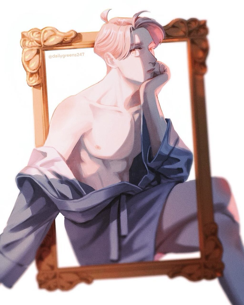 the image is a digital painting or illustration in an anime/manga style. it depicts a young, shirtless man with blonde/pink hair. he's wearing a loose, blue robe and is posed thoughtfully, with his hand to his chin. the man is positioned within an ornate, golden picture frame. the overall style is soft and dreamy, with warm lighting that suggests sunlight. the artwork shows a high level of artistic skill, particularly in the shading and rendering of light and shadow on the figure.