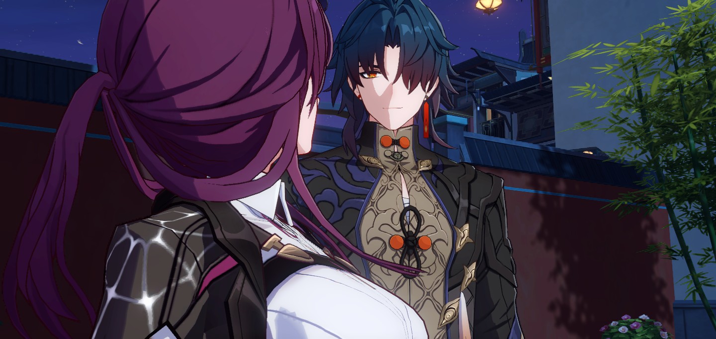 the image shows two anime characters, one male and one female, standing next to each other. the female character has long purple hair and is wearing a black outfit with white undergarments. the male character has black hair, red eyes, and is wearing a blue and gold outfit. they are looking at each other with a serious expression. the background of the image is a night scene, with a building and other objects in the background.