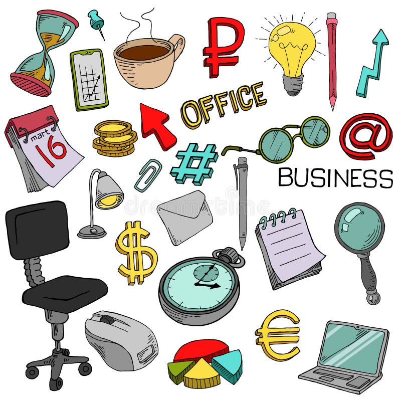 the image is a collection of colorful, handdrawn doodles representing various aspects of office life, business, and finance.  it includes common office supplies like a chair, desk lamp, calendar, notepad, paperclip, envelope, pencil, and magnifying glass. it also features symbols of business and finance like currency signs for dollars, euros, and rubles, along with a lightbulb for ideas, a hashtag, an @ symbol, graphs, and charts.