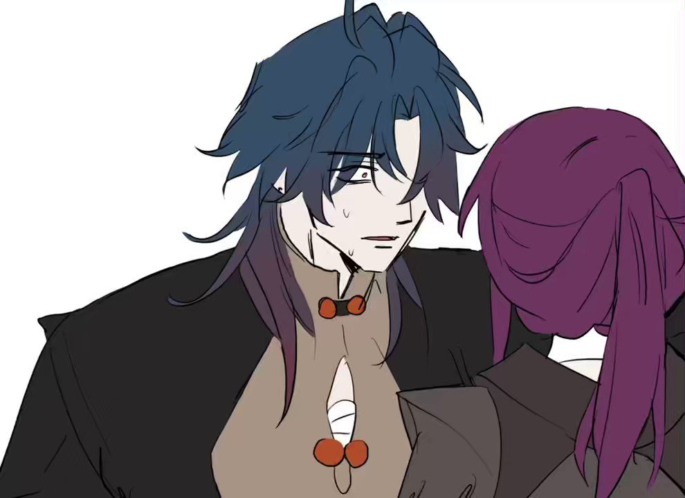 an animestyle illustration of a man and a woman. the man has black hair and is wearing black clothing.  he looks very nervous and is blushing.  the woman has long purple hair and is looking down shyly. the man is slightly in front of the woman, suggesting a sense of protection or closeness.