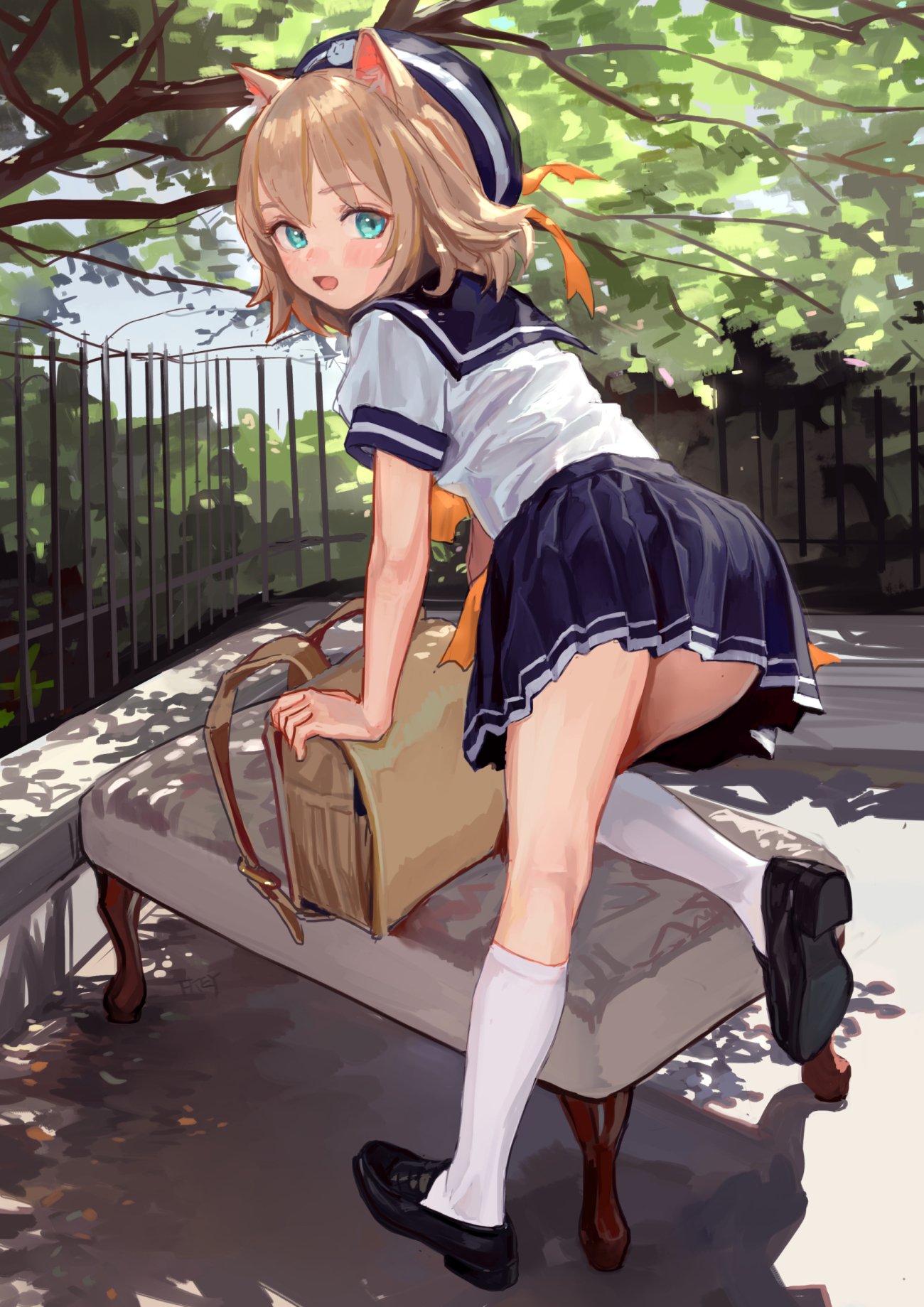 an anime girl with cat ears, wearing a school uniform with a skirt and loafers, leans on a bench with her backpack outdoors.
