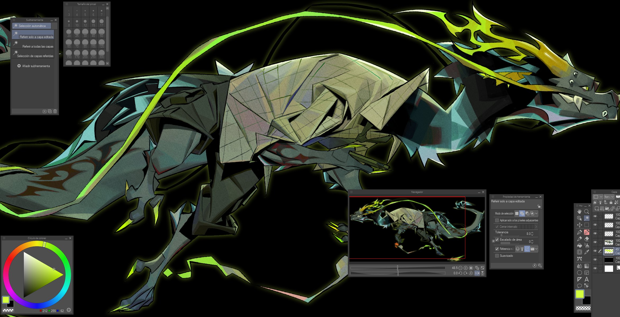 this image shows a digital painting of a stylized dragon in progress. the artwork is done in a lowpoly style with a dark color palette accented with bright green and yellow. multiple open windows display the digital painting software krita, including the layers panel, color picker and the settings for the refine edge tool.  the artist appears to be working on the details of the dragon's design. the image provides a glimpse into the digital art creation process.