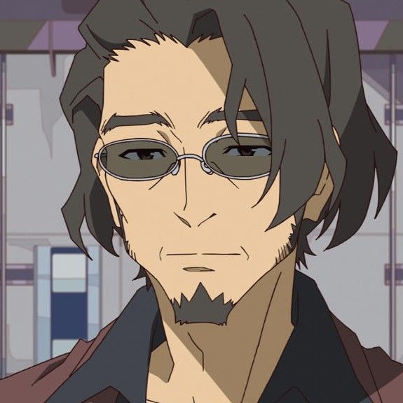 this is an illustration of an anime character with brown hair, wearing sunglasses and looking directly at the viewer with a serious expression. the character is male with a beard and goatee, wearing a brown and black jacket, and is looking directly at the viewer with a neutral expression. the drawing is a closeup of the character's face and shoulders, with the background being a blurry shot of a room.