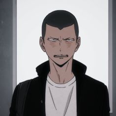 an animestyle drawing of a young man with short black hair and a scowling expression. he is wearing a black jacket over a white tshirt. the image is in black and white.