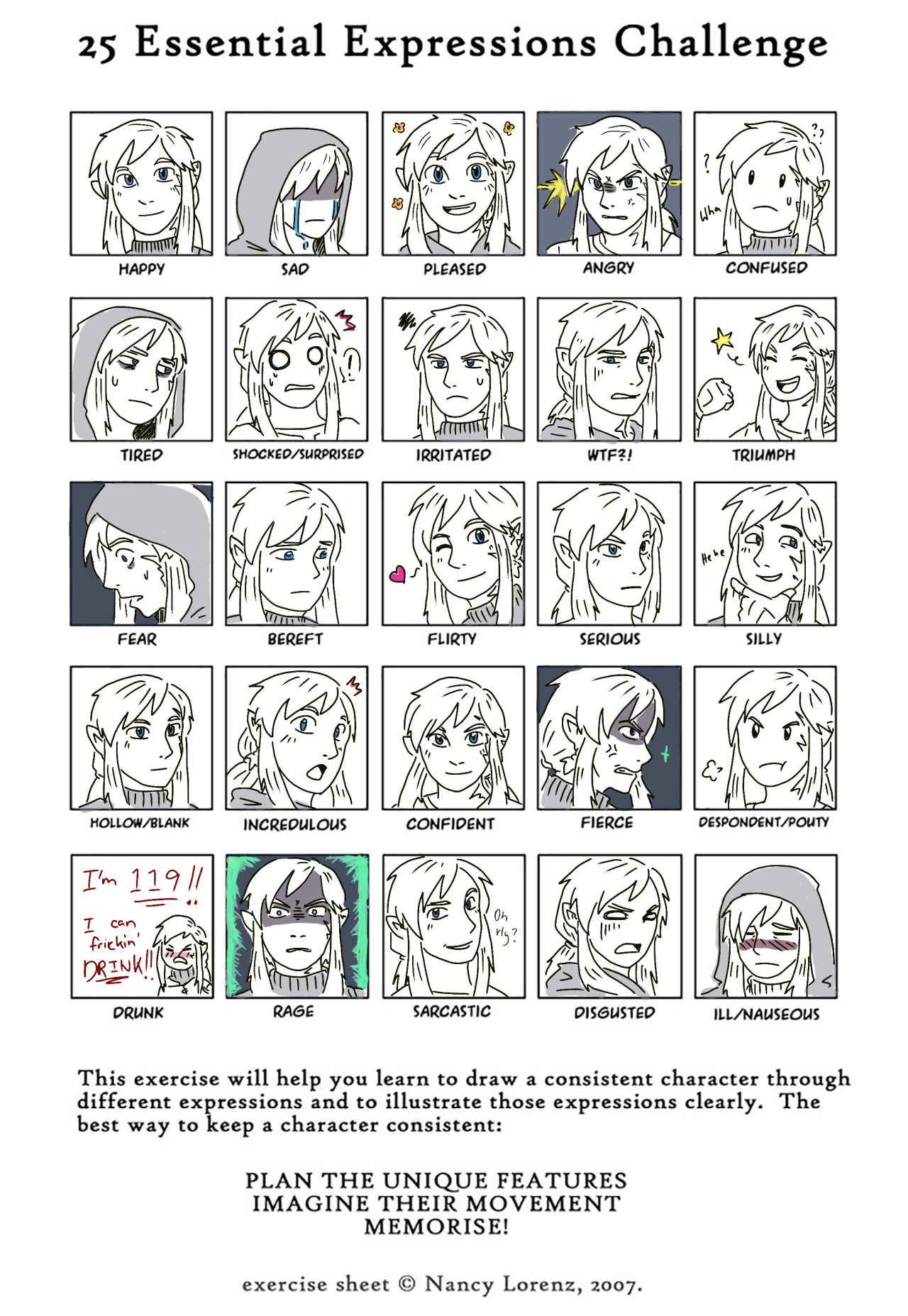 the image is a character design challenge sheet featuring 25 different facial expressions using the character link from legend of zelda.