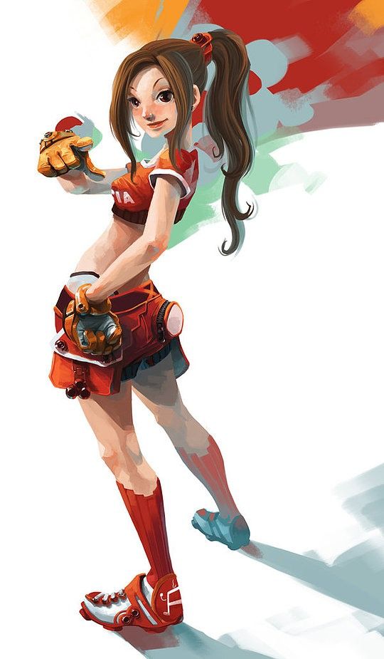 an illustration of a female anime character wearing a red and orange sports uniform, including a short skirt, jersey, red socks, and orange and white sneakers. she has brown hair in a ponytail and is wearing gloves. she is holding what appears to be an energy drink and has a small pouch attached to her skirt. the background features brushstrokes of orange, red, and blue.