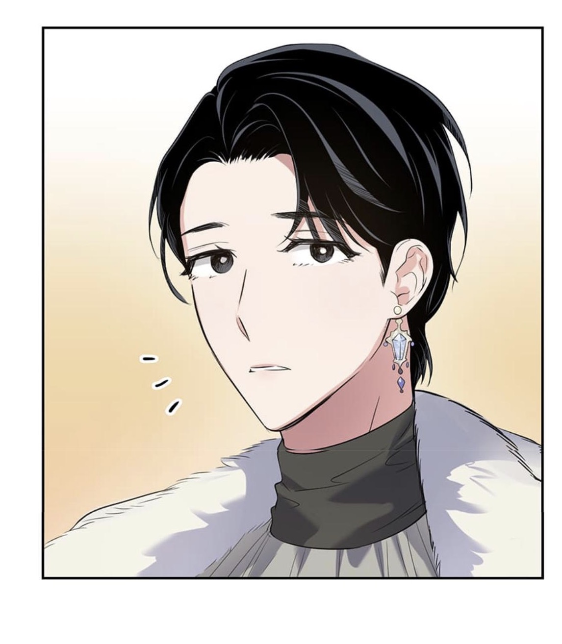a closeup illustration of a young woman with black hair styled in a modern way, wearing elegant earrings and a stylish coat with fur trim.  she has a neutral, slightly pensive expression. the art style is reminiscent of manhwa or manga. the background is a soft, warm yelloworange tone.