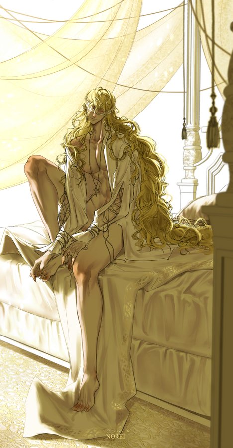 the image is a digital illustration or drawing of a handsome man with long blond hair. he is seminude, wearing a white robe that is loosely tied around him, and his wrists are bound with thin cords or ropes.  he is seated on a luxurious fourposter bed draped with flowing, sheer golden curtains, bathed in warm sunlight.  the overall style is reminiscent of anime or manga art, with a focus on elegant lines, soft colors, and a dreamy, somewhat sensual atmosphere. the man's expression is pensive or thoughtful.  the artwork is detailed and suggestive of a fantasy or romantic setting.
