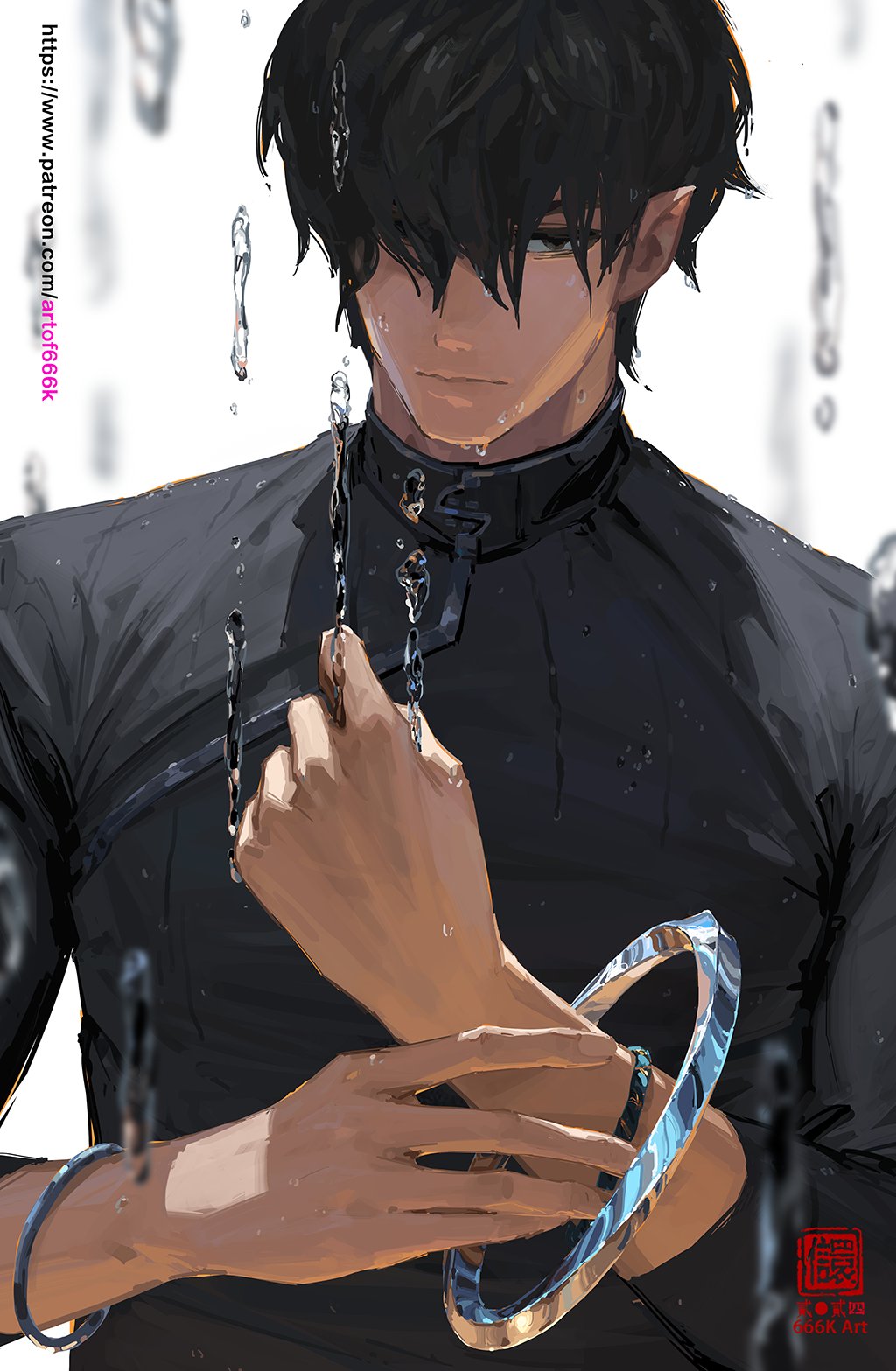 a closeup digital painting of a young man with dark hair and elflike ears. he's wearing a dark, stylish shirt and several bracelets. water droplets are visible on his hair and clothing, suggesting rain or recent exposure to water. his expression is serious and intense, adding to a mysterious and brooding atmosphere. the art style is detailed and highquality.