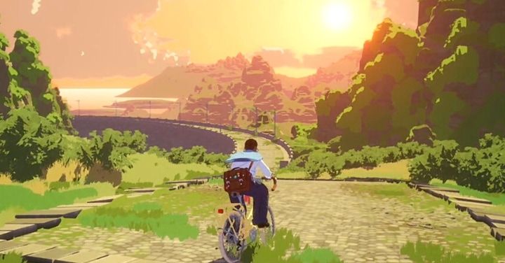 a person is riding a bicycle on a road leading towards a mountain range, with trees on either side of the road. the sun is setting in the background, casting a warm glow on the landscape. the scene appears to be from an animated or cartoonstyle video game or artwork. the road looks old. the person is wearing a school uniform and has a brown bag hanging on their back.