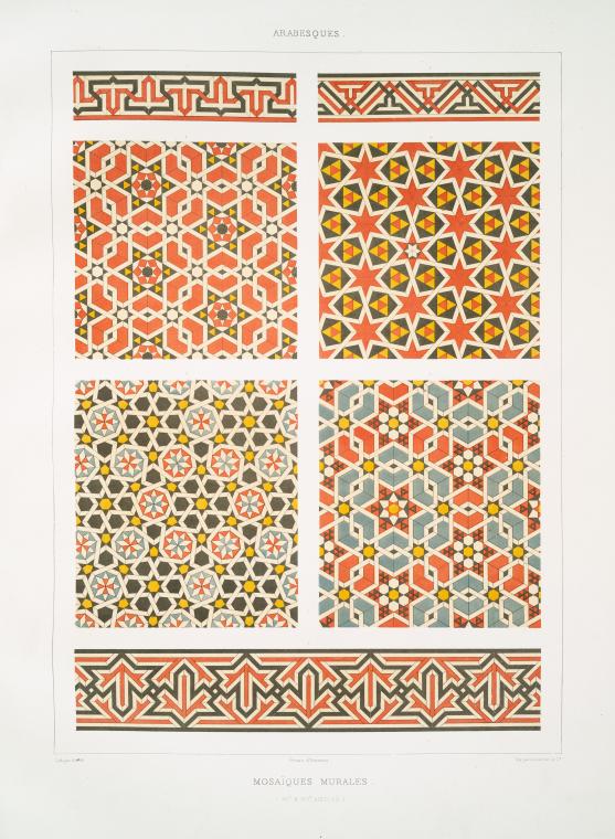 the image is a vintage illustration showcasing a collection of "arabesques," which are intricate geometric designs typically found in islamic art. the patterns are arranged in six distinct sections, including two decorative borders at the top and bottom. the central four sections feature square tessellated designs with complex geometric patterns and a mix of colors like red, yellow, black, gray and blue. the motifs include stars, polygons, and florallike elements arranged symmetrically and repeating in various ways. the overall impression is a display of traditional islamic ornamental art, suggesting potential uses in mural design, tilework, or textile patterns. the text "mosaïques murales" indicates that the designs are intended for mosaic murals.
