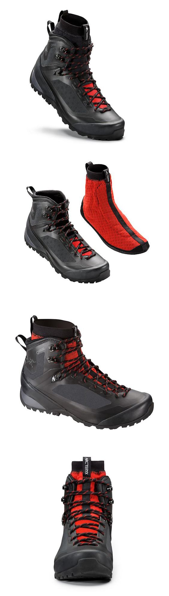 the image showcases a pair of black and red hiking boots from different angles, highlighting their features and design. the boots have a waterproof membrane, durable construction, and a red inner lining for added warmth. the images are set against a clean white background, emphasizing the product's details.