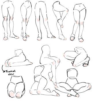 the image is a drawing tutorial demonstrating how to draw legs from different angles and perspectives. it features multiple sketches of legs in various poses, highlighting the anatomy and structure. some sketches focus on specific views like frontal and side, while others showcase seated and standing positions.