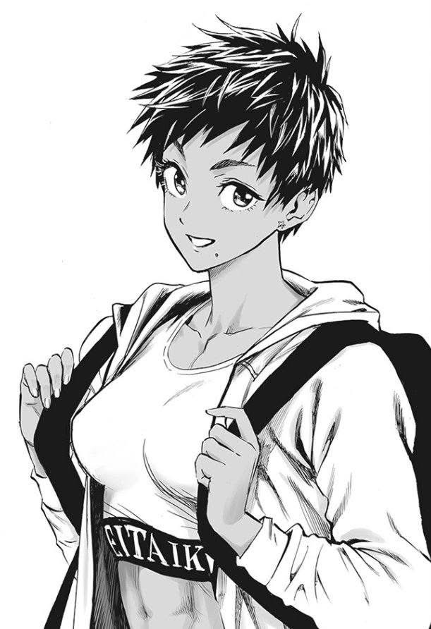 a black and white mangastyle image of a woman with short, spiky hair wearing a white sportswear crop top and hoodie with a backpack on. she has an earring in her left ear and a mole on her left cheek. the word "itaik" is printed on the band of the top. she is looking directly at the viewer.