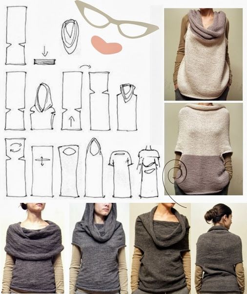 the image shows a knitting pattern and examples of the finished garment. the upper left portion of the image contains diagrams illustrating the steps for creating a cowl neck sweater. the top right shows examples of the knitted sweater. the bottom shows a variety of finished garments.