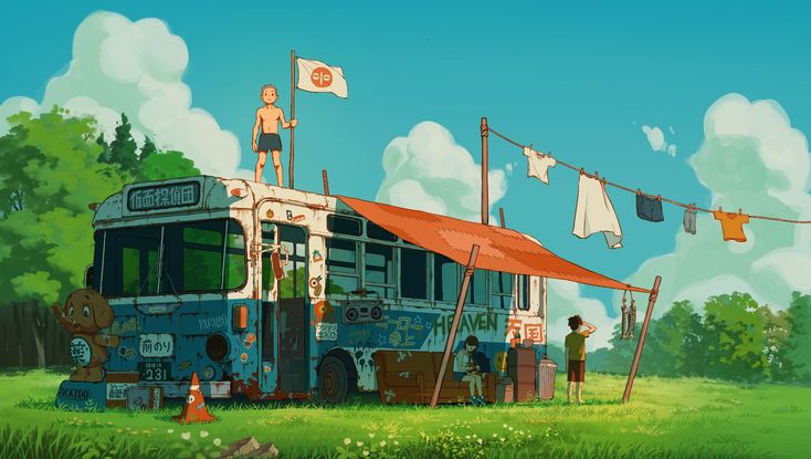 the image showcases a lively scene set against a backdrop of a bright blue sky dotted with fluffy white clouds. a weathered, light blue bus, adorned with graffiti, stickers, and clotheslines, takes center stage on a grassy field. the bus, slightly tilted, exudes a sense of adventurous living. on its roof, a young boy with short hair stands proudly, holding a white flag emblazoned with a red circle.  to the right of the bus, two other figures are engaged in different activities. one sits on a brown suitcase, seemingly lost in thought, while the other stands with his back to us, gazing out at the expanse. the overall composition evokes a feeling of carefree summertime joy and the spirit of wanderlust.  the scene is bathed in the warm glow of natural sunlight, casting soft shadows and enhancing the vibrancy of the colors.