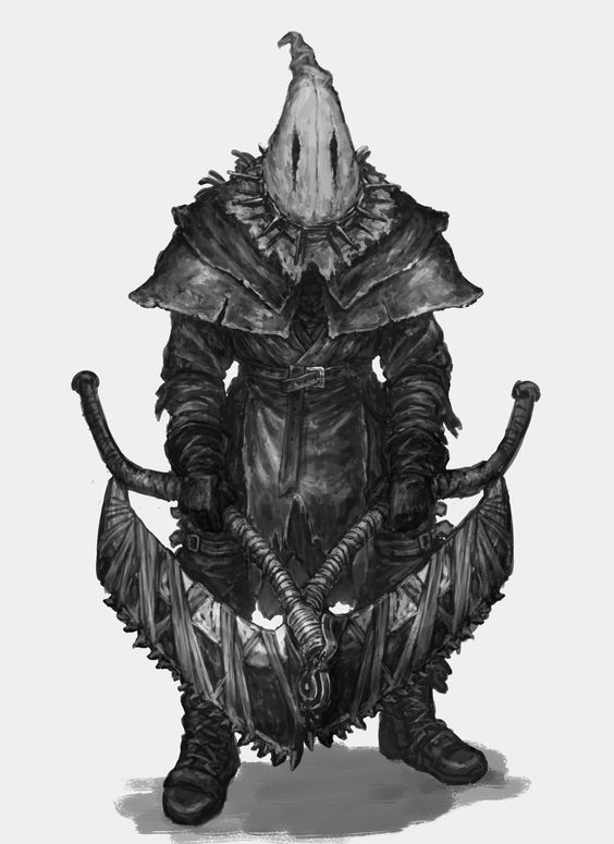 this is a black and white digital illustration of a terrifying executioner character. the character wears a long, ragged hooded robe and a white mask with two eyeholes. he is wielding a large, curved blade with a spiked, bonelike design.  the style of the illustration evokes a dark and creepy atmosphere.