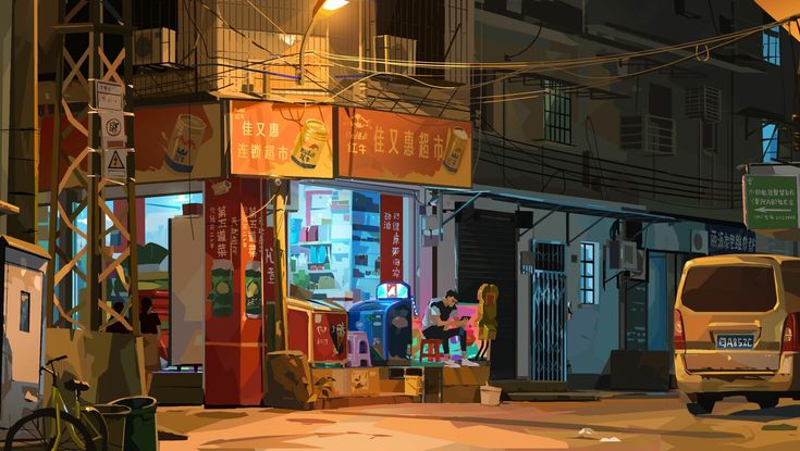 the image shows a bustling night scene on what appears to be a street in an asian city. the focal point is a brightly lit convenience store with a red and yellow facade. two individuals, likely a couple, are seated outside the store, illuminated by the warm glow of the store's lights. a white van is parked further down the street, and a motorbike is chained to a post on the left.  wires crisscross above the street, adding to the urban ambiance. the scene is painted in a stylized manner, with bold colors and a focus on capturing the energy of the city at night.