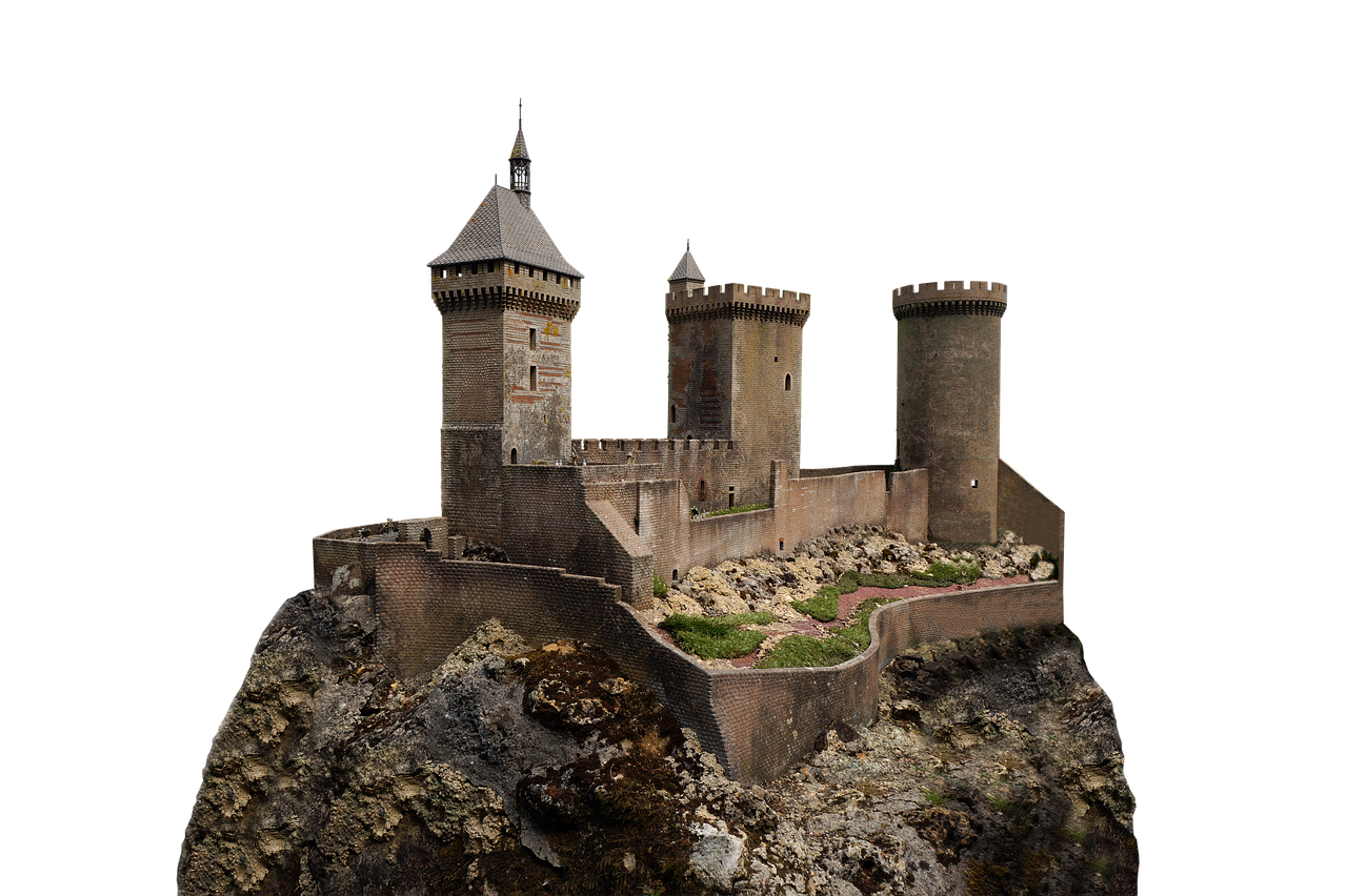 the image shows a detailed model of a medieval castle perched on a rocky outcrop, set against a black background. the castle features three prominent towers, connected by fortified walls. the towers are constructed from a bricklike material, and some have decorative details like arched windows and crenellations. the castle is built atop a rocky hill, adding to its defensive appearance. the model includes miniature landscaping with some greenery and small rocks. the lighting highlights the texture of the materials, giving the model a realistic appearance.