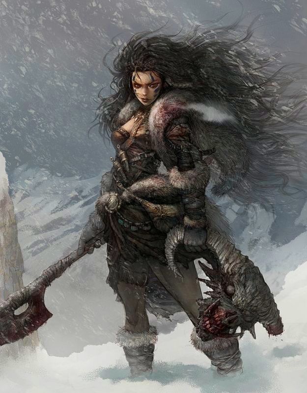 an illustration of a female warrior in a snowy landscape. she is holding an axe with a ram skull attached to it. she is wearing fur and leather clothing, has long hair, makeup, and a scar.