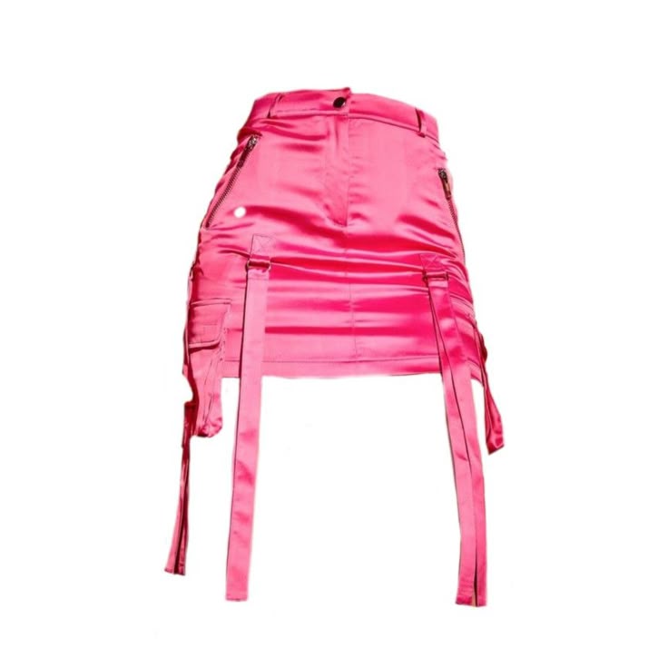 a bright pink, satinlike cargo mini skirt with straps hanging down. the skirt has functional pockets, zippers, and a button closure at the waist. the background is white.