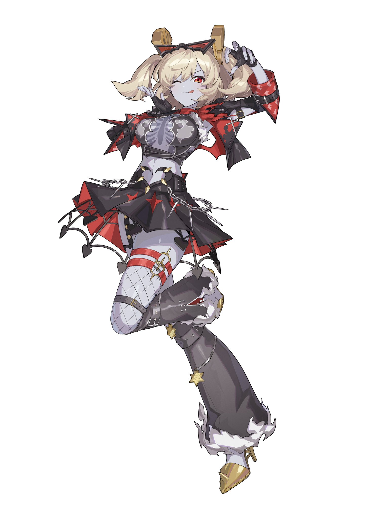 he image shows a dynamic illustration of a female anime character. she's styled in a gothic punk fashion, with a dark and red color scheme.  her outfit includes a short black skirt, a red top with skull details, fishnet stockings, and boots.  her hair is blonde, styled in pigtails, and she has striking red eyes. she's depicted in a midair, energetic pose. the style is reminiscent of anime and manga art. the background is plain white, focusing all attention on the character.