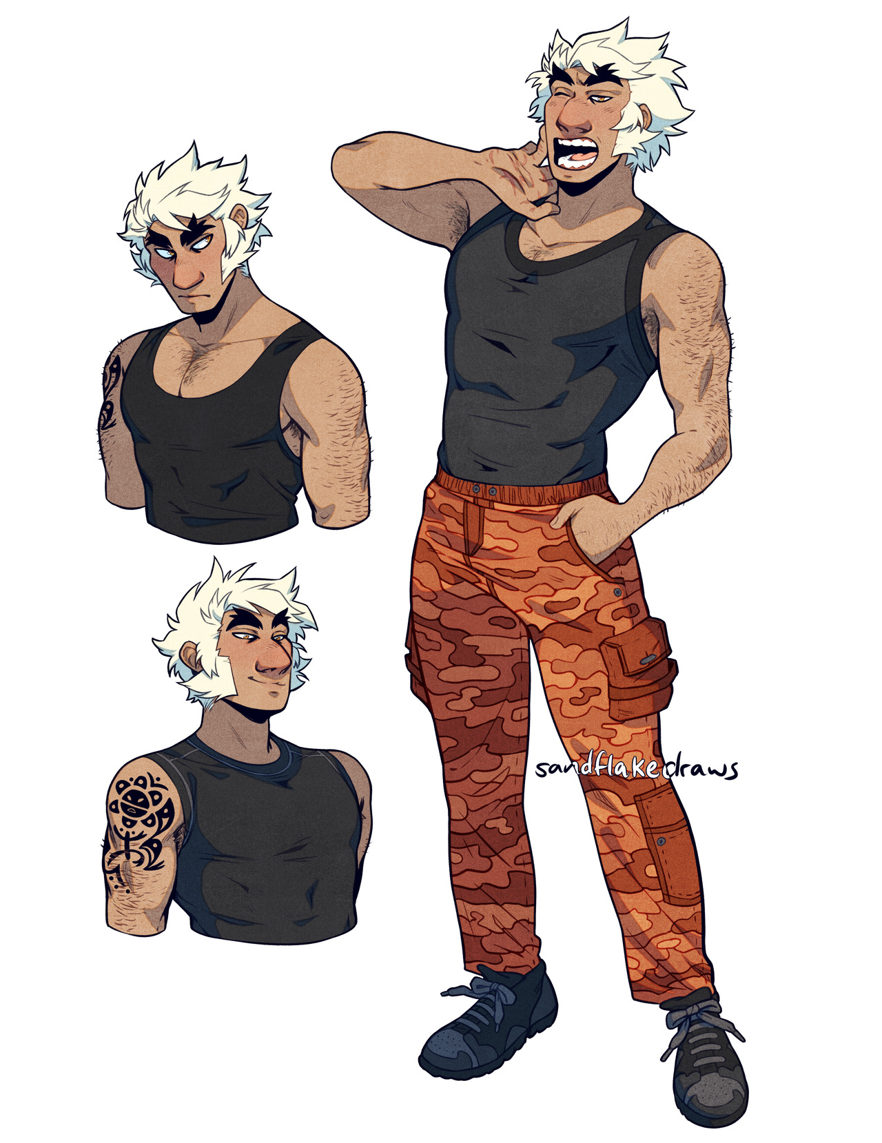 a digital illustration of a muscular man with white hair and tribal tattoos, depicted in three different poses against a white background. he's wearing a black tank top and orange camouflage cargo pants. the illustration highlights his physique and confident demeanor.