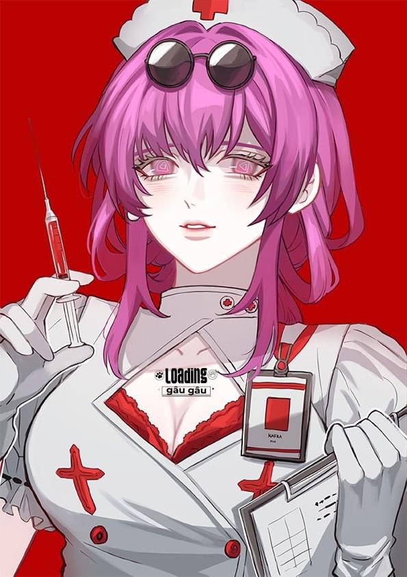 this image features an anime nurse wearing a white coat, red cross, nurse hat, and glasses. she has pink hair and red eyes and is holding a syringe in her left hand and a clipboard in her right. she is wearing a red bra under her coat. the background is red, and the image has a "loading" sign with the words "gau gau" on it.  she is blushing and has a mischievous look on her face.