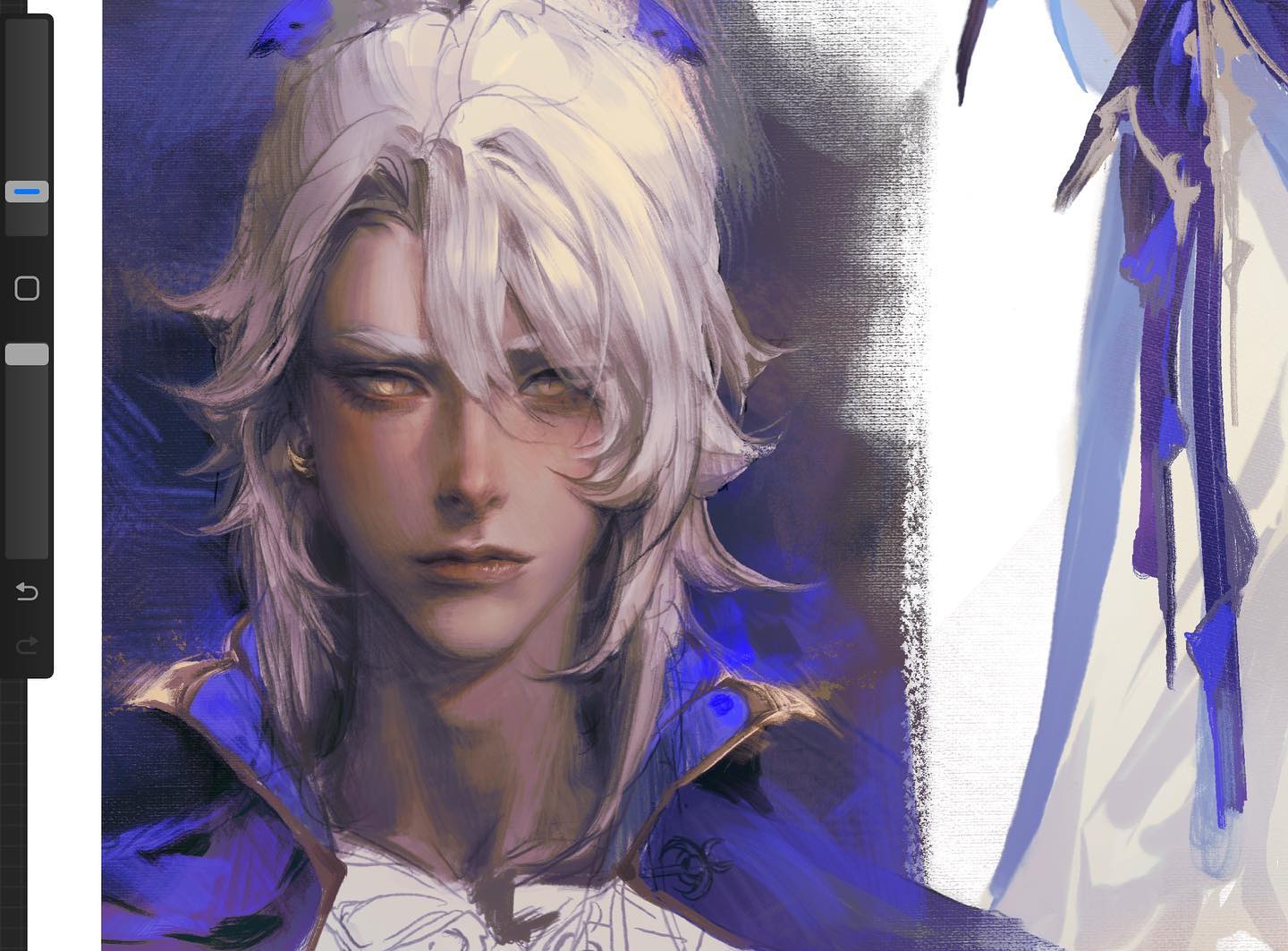 the image showcases a digital painting of a young man with striking white hair and piercing blue eyes. he is dressed in what appears to be fantasyinspired clothing, with hints of blue and gold. the art style is painterly, utilizing visible brushstrokes and a soft, ethereal lighting scheme.  the focus is on the character's portrait, with the background left mostly undefined.