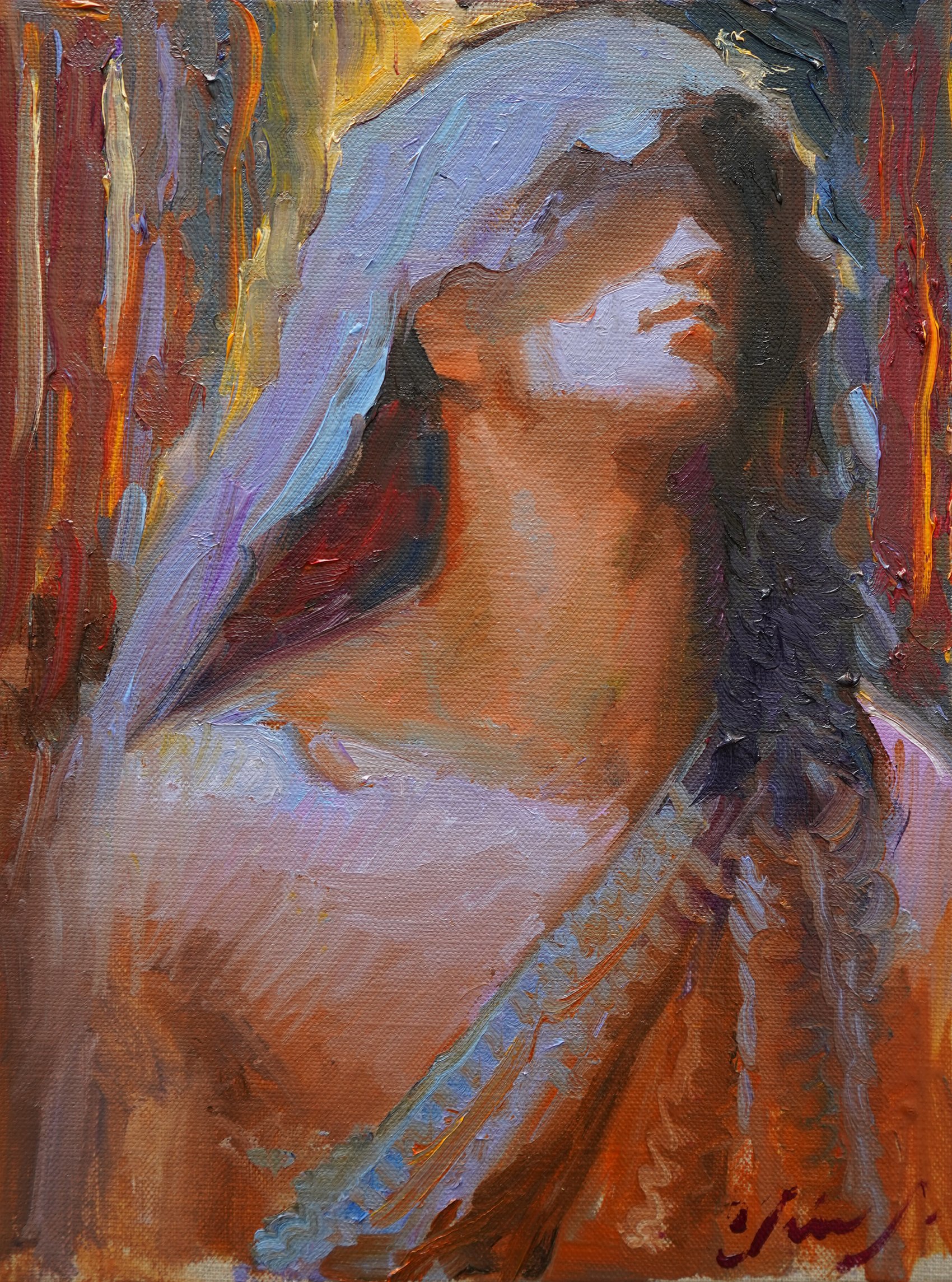 the painting features a portrait of a woman, depicted from the chest up, wearing a lightcolored veil that partially covers her face and hair. her eyes are obscured, creating a sense of mystery and intrigue. the woman's expression is difficult to decipher, her lips slightly parted as if she is about to speak or gasp. the colors are rich and warm, with a palette dominated by browns, oranges, and blues. the artist's use of bold brushstrokes adds texture and depth to the painting, creating a sense of movement and energy. the overall mood is contemplative and enigmatic, leaving the viewer with a sense of unspoken secrets and hidden emotions.