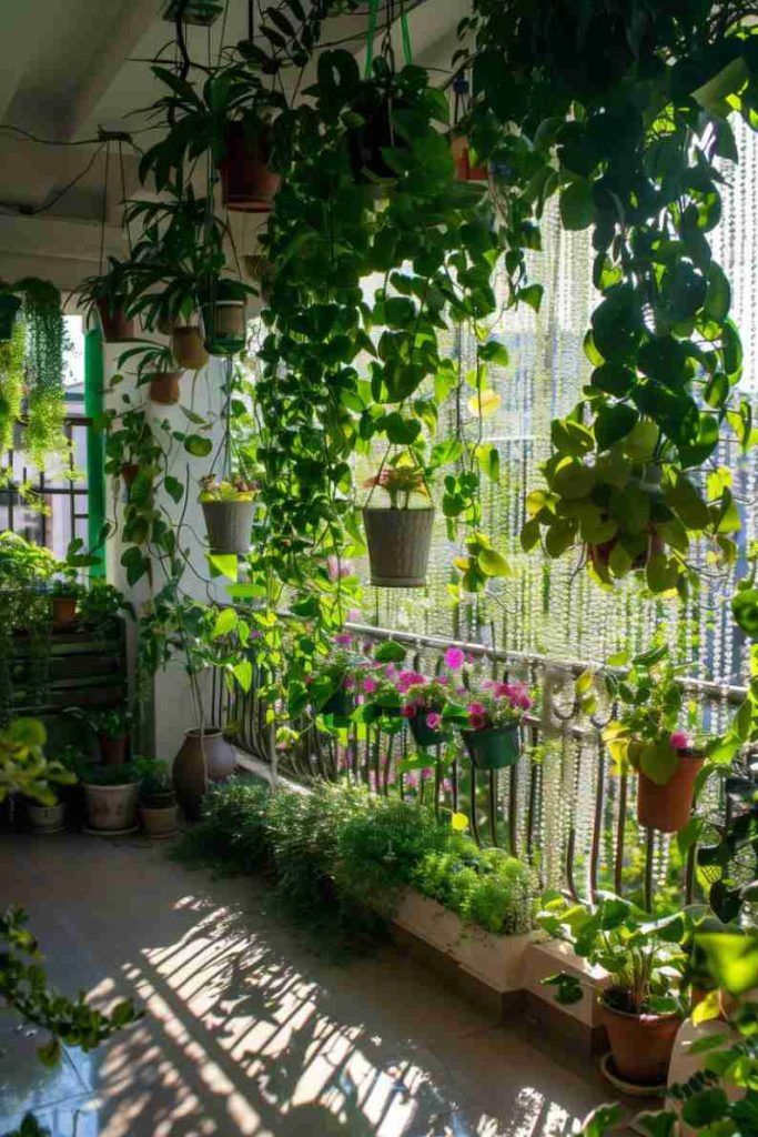 vibrant and lush balcony garden is showcased in the image.  numerous plants in various pots and hanging baskets create a wall of greenery.  vines cascade down, creating a dense, leafy canopy.  flowers add splashes of color amidst the abundant foliage.  sunlight streams through, casting shadows on the floor of the balcony.  the overall scene suggests a tranquil and wellmaintained urban oasis.