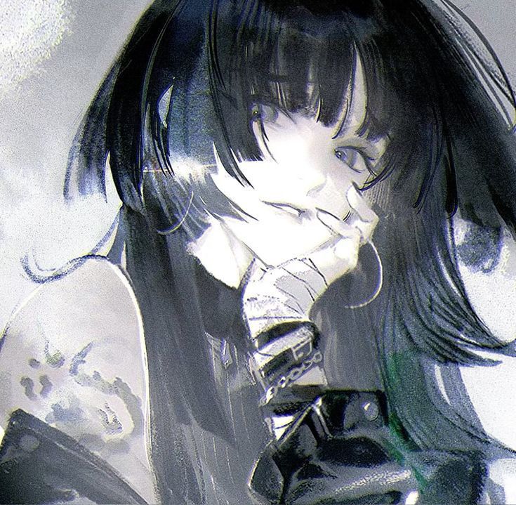 a monochrome anime illustration of a girl with black hair and bangs, resting her hand on her chin in a thoughtful pose. she wears a hoop earring and has bandages on her hand. a wrist band and a tattoo are visible on her arm.