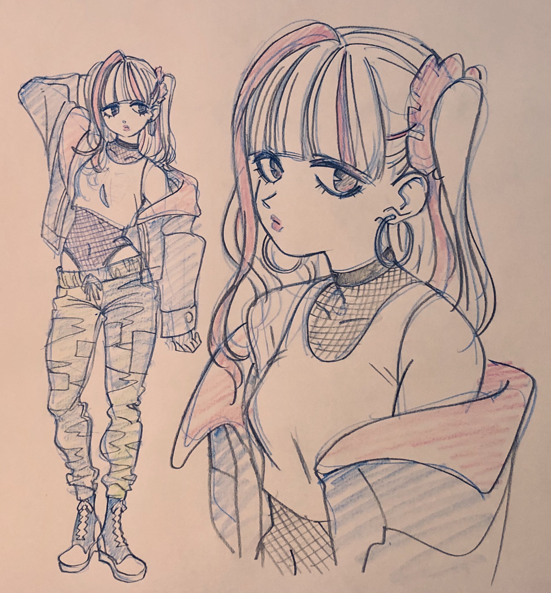 the image is a stylized drawing of a girl. the drawing showcases two different perspectives of the same character, highlighting her fashion sense. on the left, we see a fullbody sketch capturing her confident posture and edgy street style. she sports a trendy ensemble featuring cargo pants, a fishnet top, and an open jacket. her hairstyle, a striking blend of dark and vibrant hues, further accentuates her unique look. the right side provides a closer view of the character's face and upper body. her gaze is direct and filled with attitude, further emphasizing the overall cool and stylish persona depicted in the drawing.