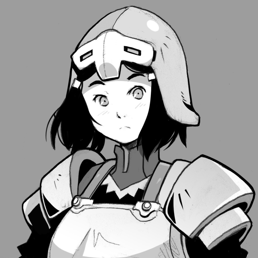 a black and white, animestyle drawing of a young woman wearing armor and a helmet. she has short, dark hair and large, expressive eyes. the drawing is done in a mangainspired style, with clean lines and exaggerated features.