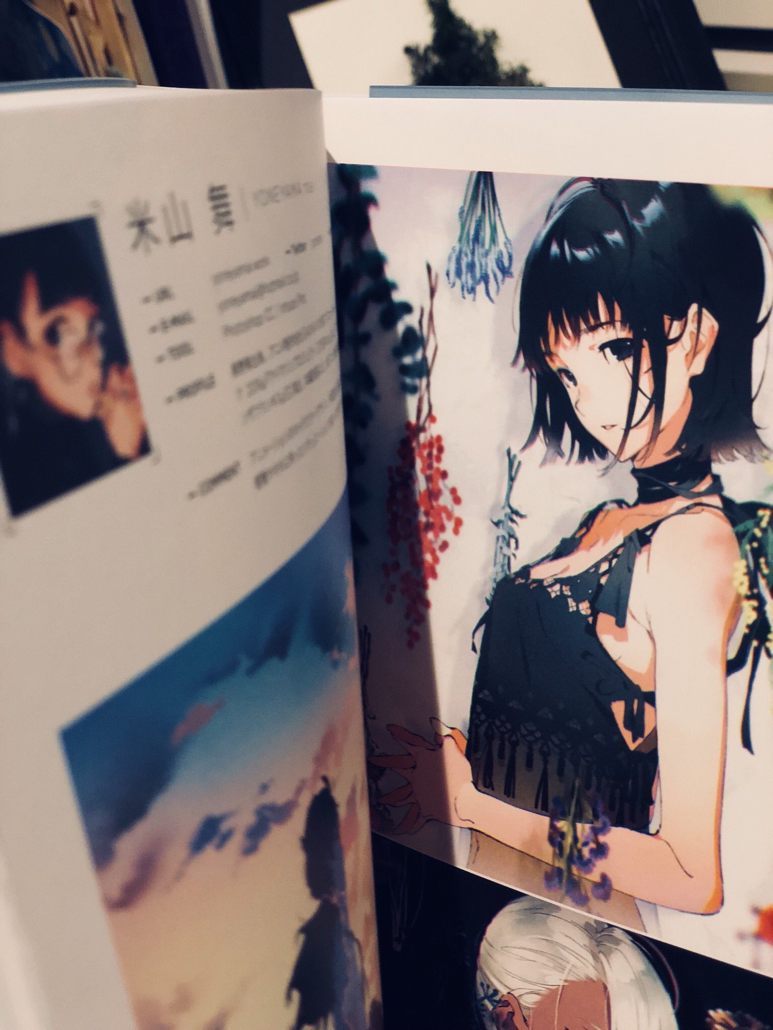 the image shows an open art book featuring an animestyle illustration of a girl with short black hair and a black dress.  the book appears to be showcasing the artist's portfolio, as suggested by a small profile picture on the opposite page. the vibrant illustration and the book's layout hint at a collection of character designs or concept art. the setting suggests an art enthusiast's personal space or perhaps an art exhibition.