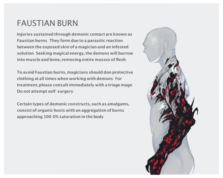 the image is a digital illustration that shows the effects of a faustian burn. the illustration is done in a style that resembles concept art. it depicts a humanoid figure with a dark, grotesque burn on its arm, with a flowing text description that explains what a faustian burn is. the description explains that faustian burns are the result of demonic contact, and that they are a parasitic reaction that can spread quickly. the illustration suggests that faustian burns are a painful and deadly condition, and that anyone who is exposed to demonic contact should seek immediate medical attention.