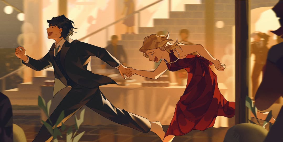 the image is a digital illustration in the style of anime, depicting a young man and woman running handinhand through a dimly lit ballroom or party setting. the man is wearing a dark suit, while the woman is in a flowing red dress. they are both smiling and appear happy, conveying a sense of excitement and perhaps a playful escape.  the background is blurred, showcasing other partygoers and architectural details, with warm, golden lighting adding to the romantic atmosphere.  the overall style is dynamic and elegant.