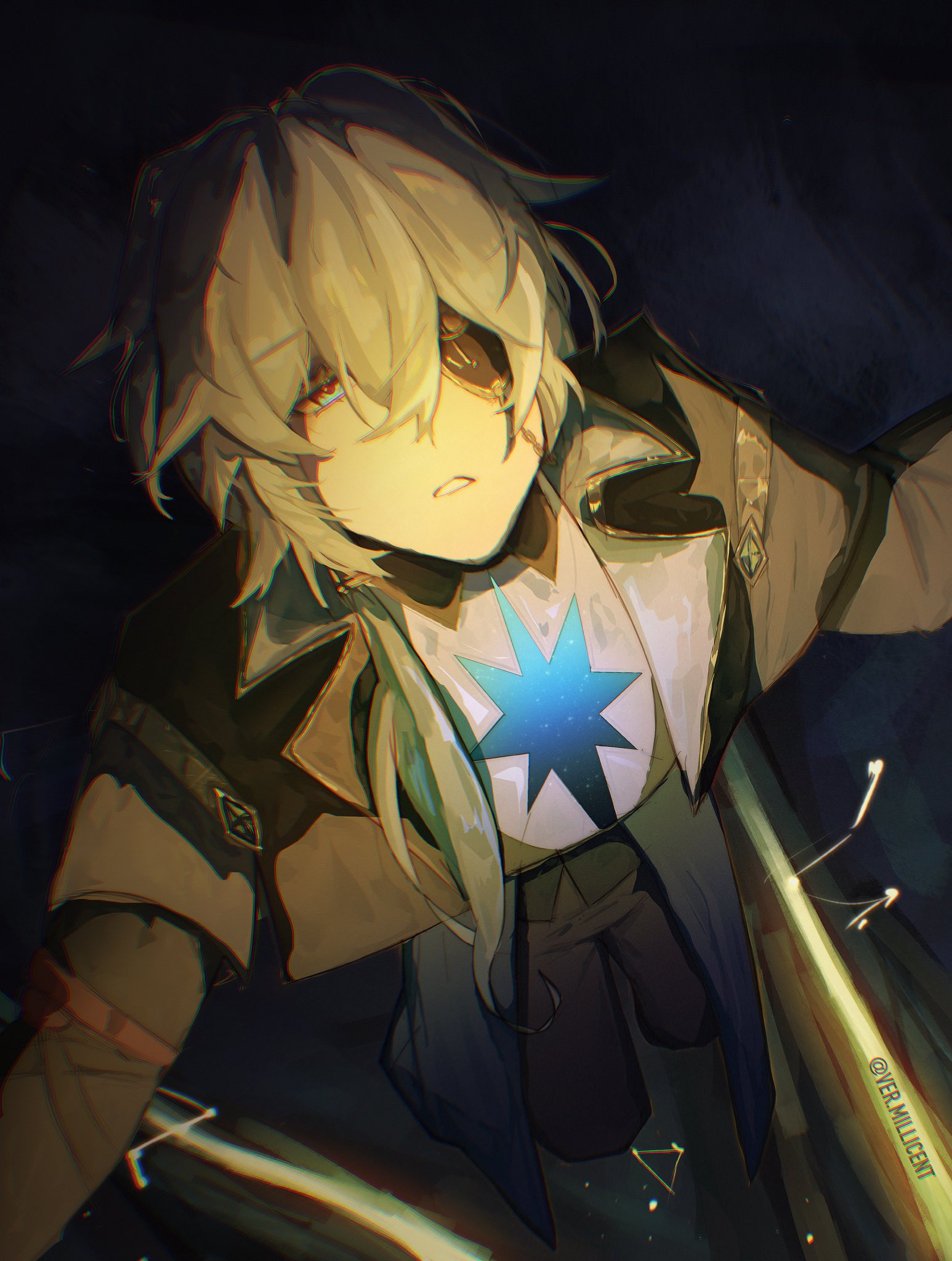 a digital illustration in an anime style of a male character with light hair and red eyes looking upwards. he is wearing a coat and has a blue star symbol on his chest. the background is dark. the artist's watermark, "@yer.millicent", is visible in the bottom right corner.