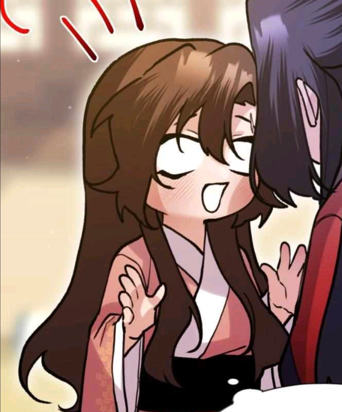 the image shows a chibistyle anime or manga character, a young woman with brown hair and a surprised expression, wearing a pink kimono. she has large eyes, a slightly open mouth, and blushing cheeks. her hands are raised slightly, palms facing outward. a portion of a male character is visible on the right side of the image, with dark hair and a dark red outfit. there are some red lines above the female character.