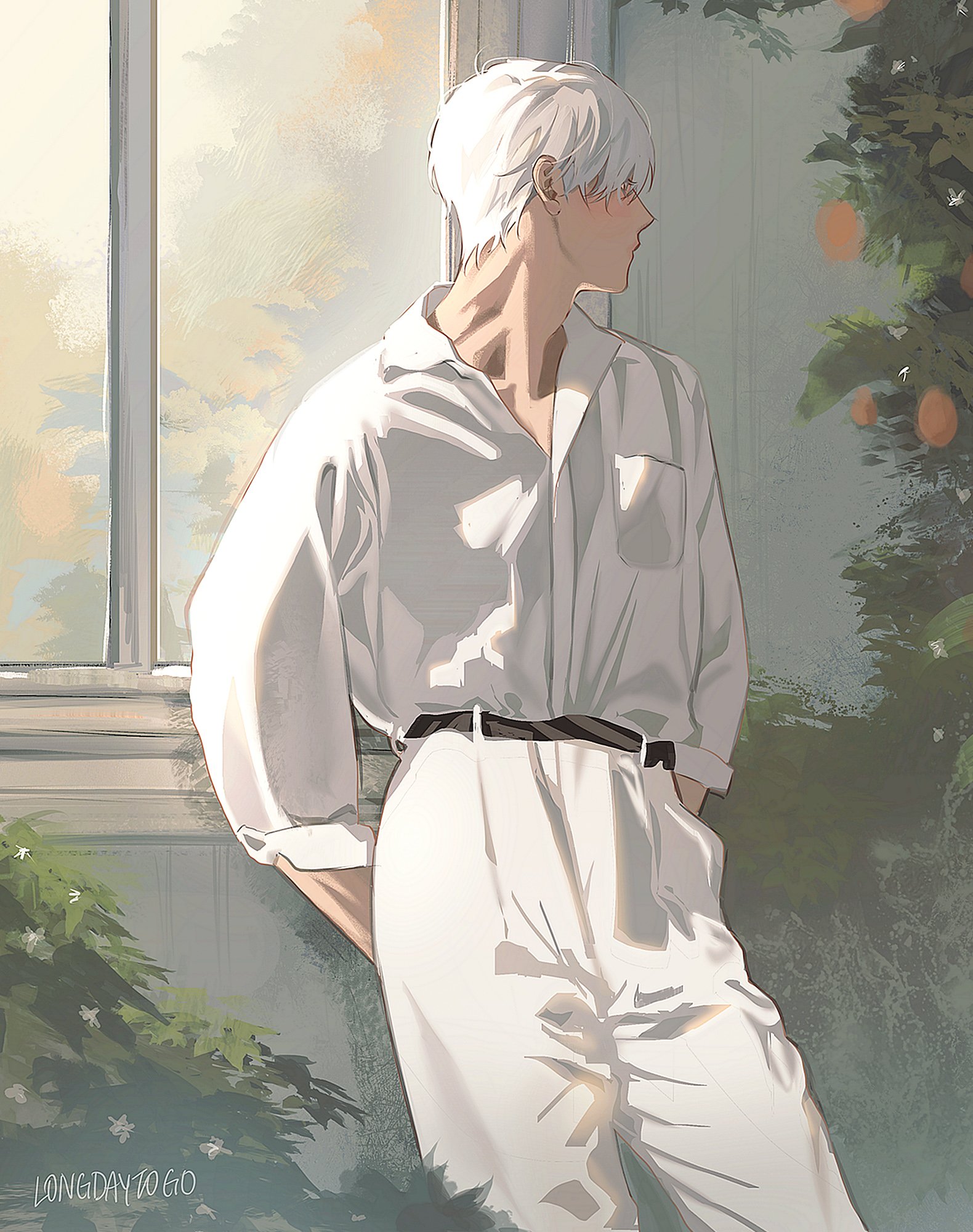 the image is a digital painting or illustration of an animestyle male character. he has white hair and is wearing a loosefitting white shirt and pants. he is standing by a window with sunlight streaming in, partially illuminating his form.  the background includes green plants and trees. the overall mood is serene and peaceful. the style is soft and slightly hazy, focusing on light and shadow to create a dreamy atmosphere.