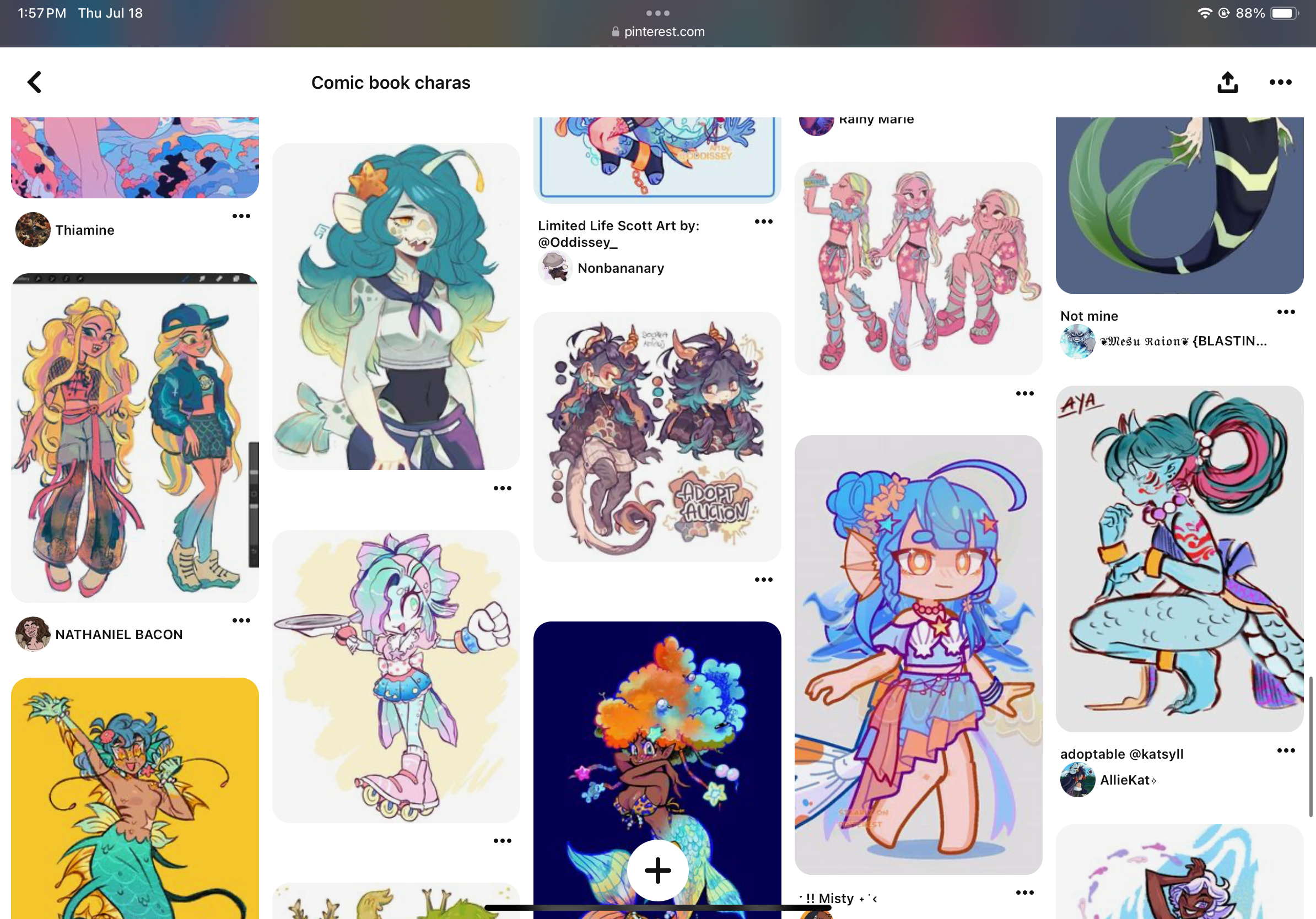 a screenshot of a pinterest board titled "comic book charas." the board showcases a collection of digital illustrations, primarily featuring colorful and stylized cartoon characters, many of which appear to be inspired by sea creatures like mermaids.